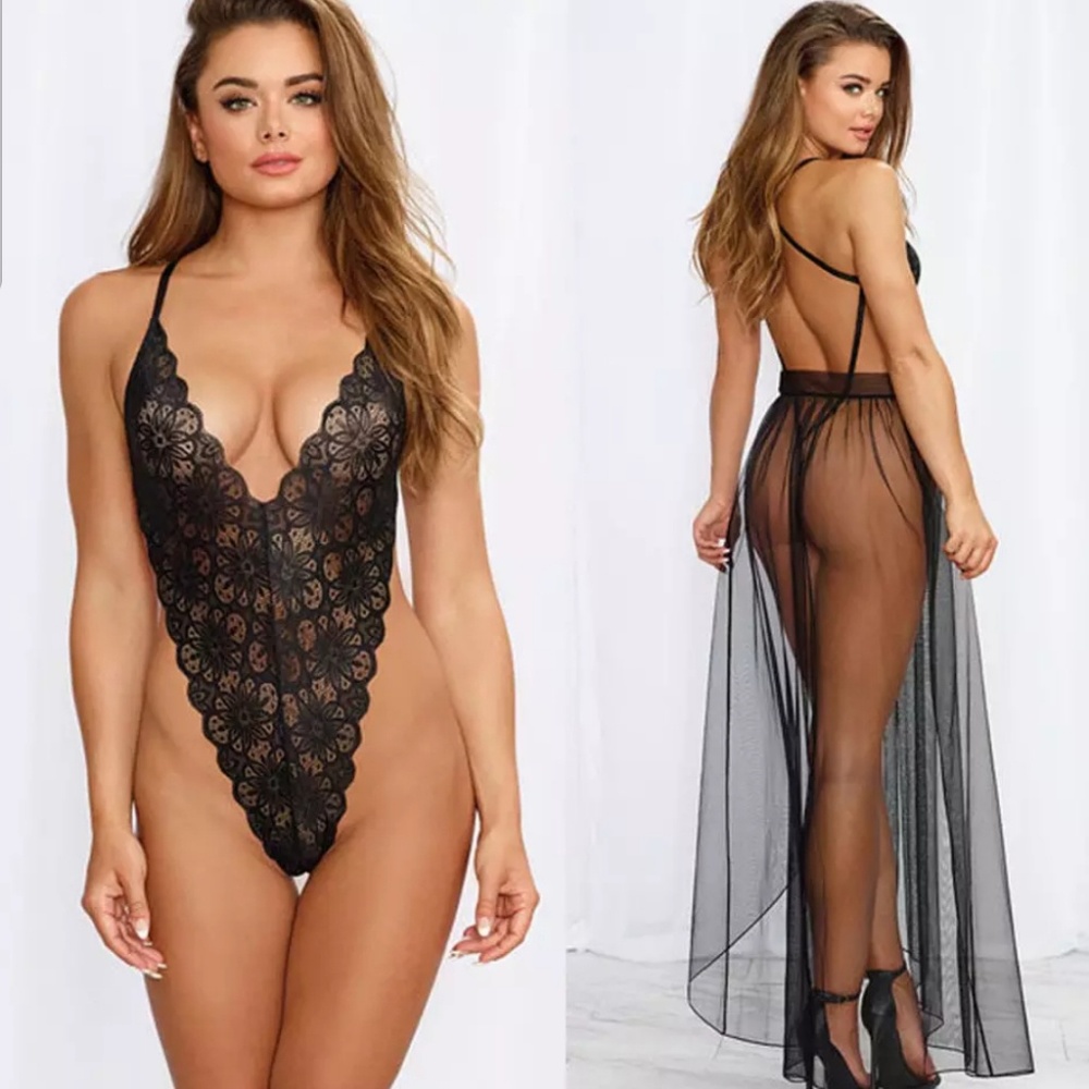 Lace Bodysuit & Mesh Maxi Skirt Cover Up Deep V - Picture 2 of 8